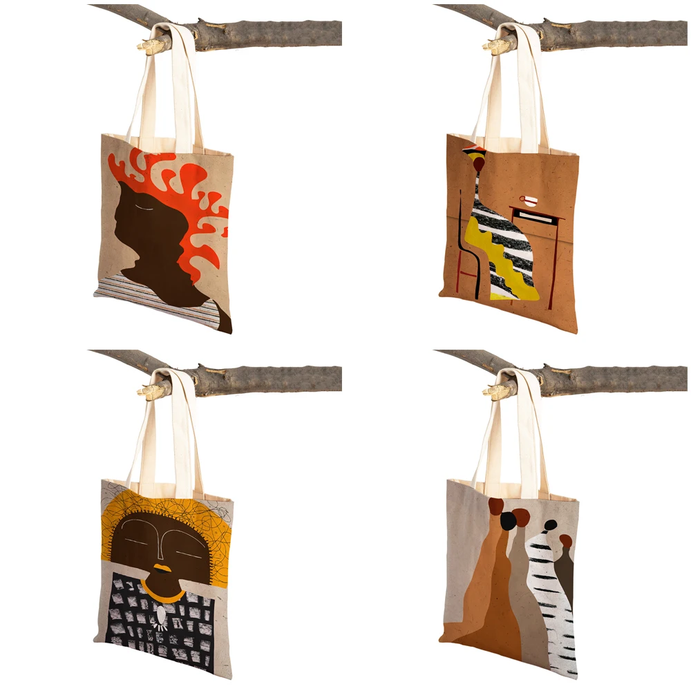 Vintage Art Shopper Bag Abstract Minimalist Color Block Girl Tree Women Shopping Bags Double Print Casual Canvas Handbag