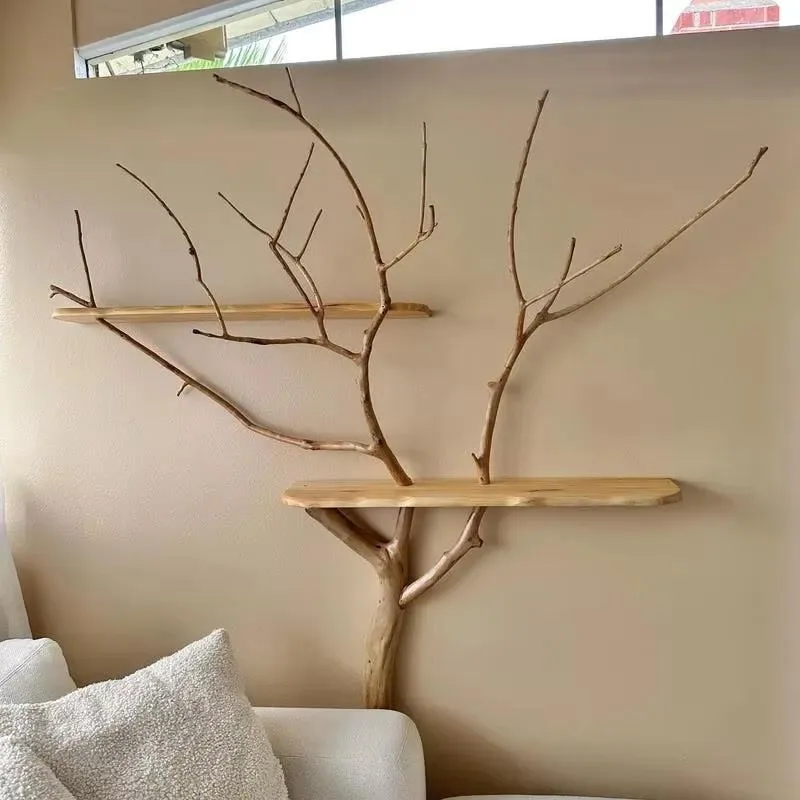 Handmade Modern Floating Tree Shaped Bookshelf Natural Log Siding Design Wall Mounted Shelf for Hotel Home Decor Storage