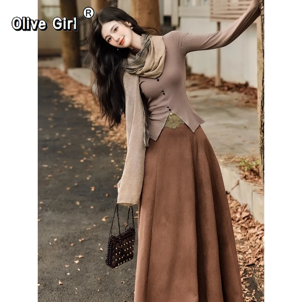 가을 겨울 한국 니트 탑 셔츠 블라우스 레이스 우아하고 섹시한 브라운 하프 스커트 여성 세트 투피스 세트