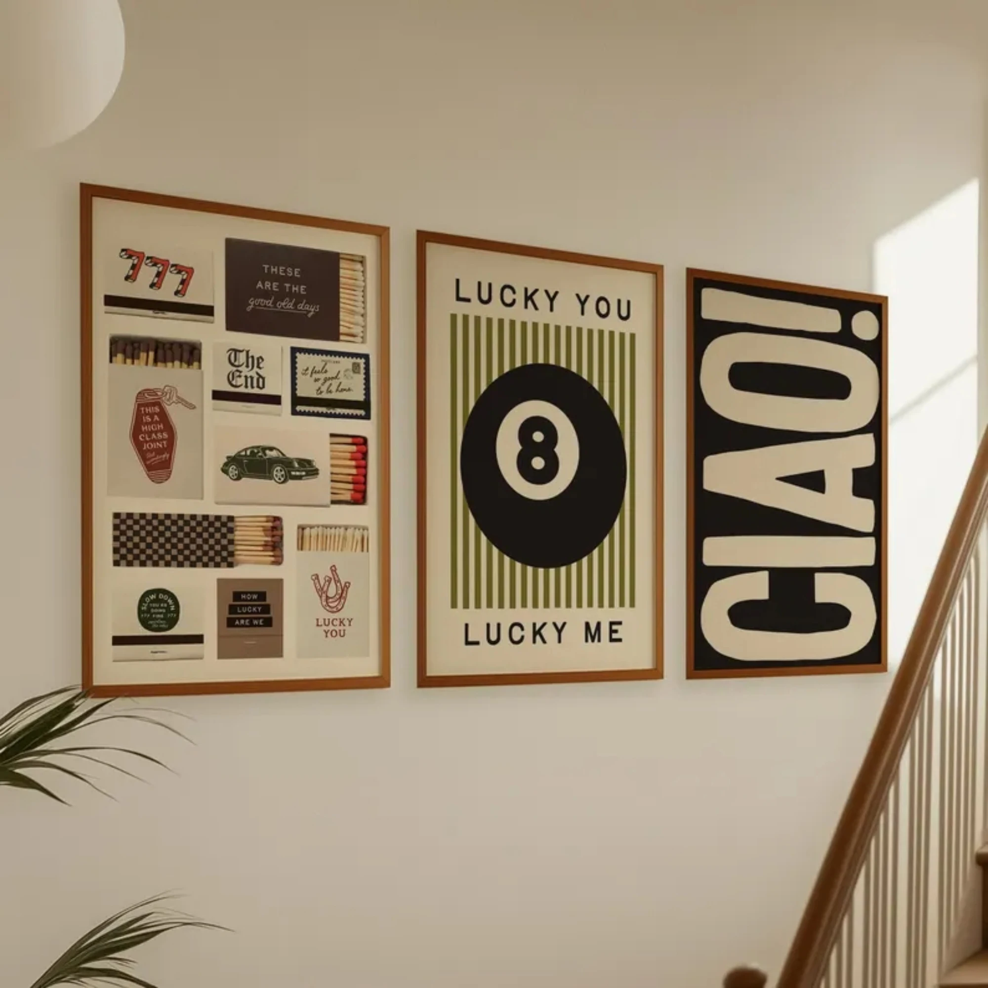 3 piezas de arte de pared moderno con diseño de 8 bolas de billar Lucky You Lucky Me Matchbox Ciao, impresión en lienzo, póster, cuadro para decoración del hogar y sala de estar