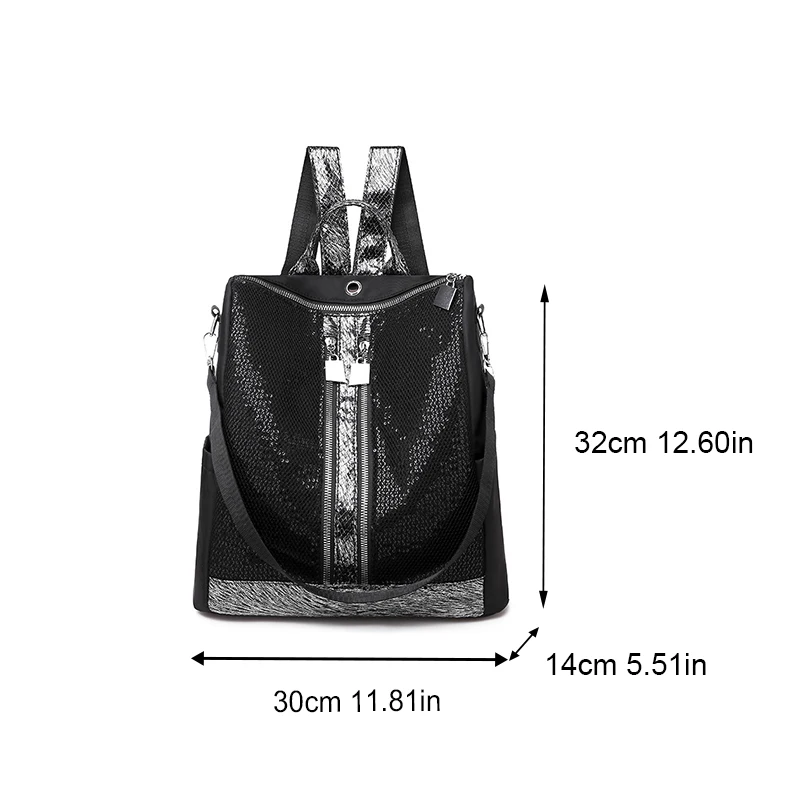 Korean Version New Trend Black Sequin Student Schoolbag Outdoor Large Capacity Casual Vertical Square Women\'s Backpack