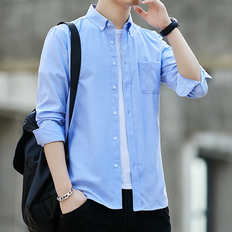 Summer New Korean Style Casual Men Shirt Long Sleeve Solid Color Blouse Fashion Business Basic Slim Shirts Versatile Top