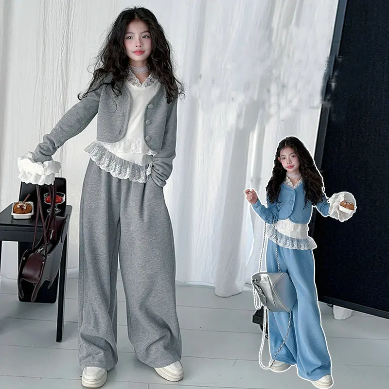 

Шикарный дизайн, комплект одежды для девочек-подростков, короткое пальто + кружевная рубашка + широкие брюки, костюм из 3 предметов для маленьких детей, детская одежда, conjuntos infantiles