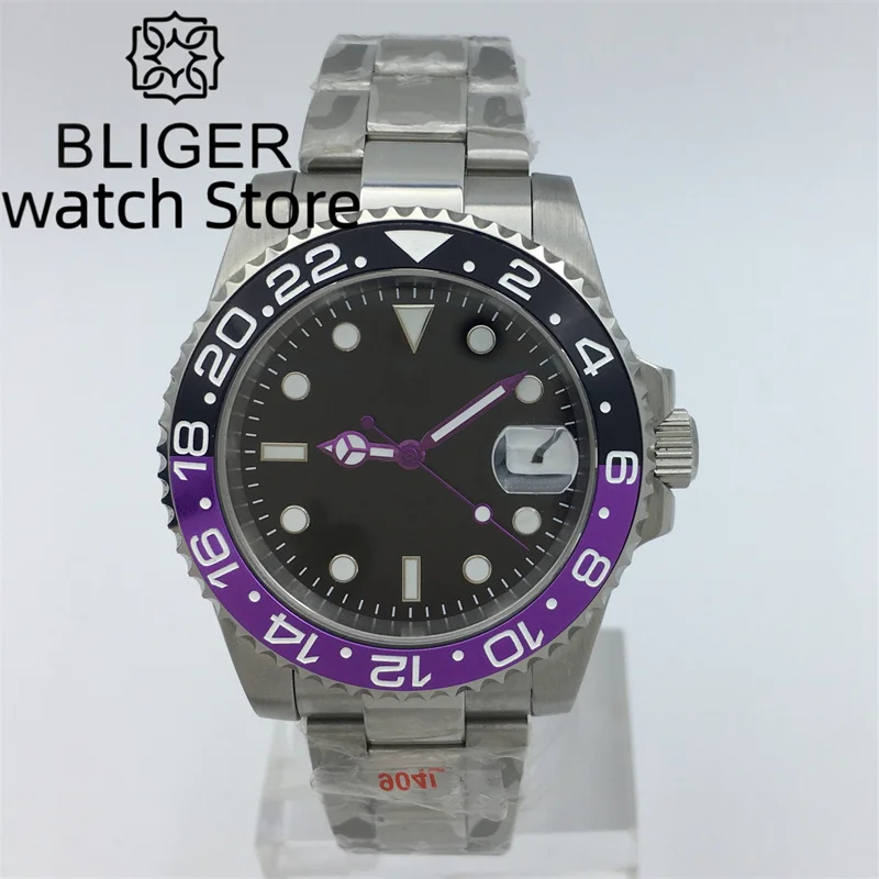 

BLIGER 40mm NH35 PT5000 Movement Men's automatic Mechanical watch Black dial sapphire glass stainless steel silver Jubilee strap