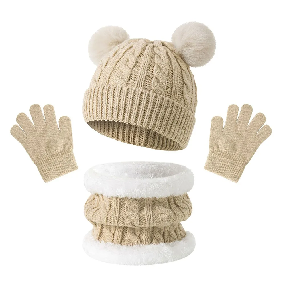 3Pcs/Set Fashion Winter Children Scarf Hat Gloves Set Warm Knitted Hats Scarfs Thicken Soft Bonnet Gloves Kits Kids