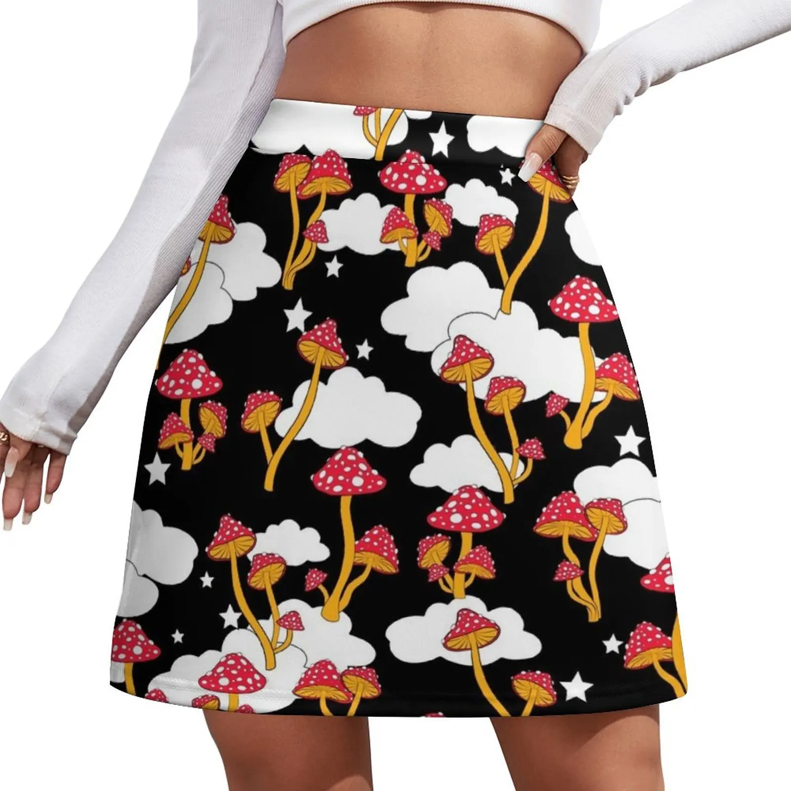 

Mushrooms and Clouds in Black Mini Skirt 90s aesthetic skirts summer 2026 woman luxury women's skirt