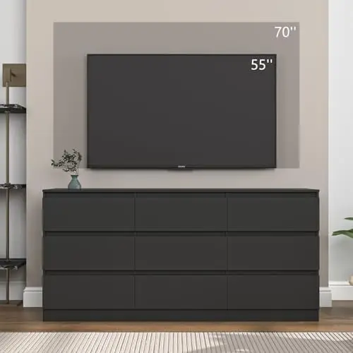 Black 9 Drawer Dresser for Bedroom, Long Dresser with Deep Drawer,Modern Wide Wood Storage Chest of Drawer, Bedroom - view 6