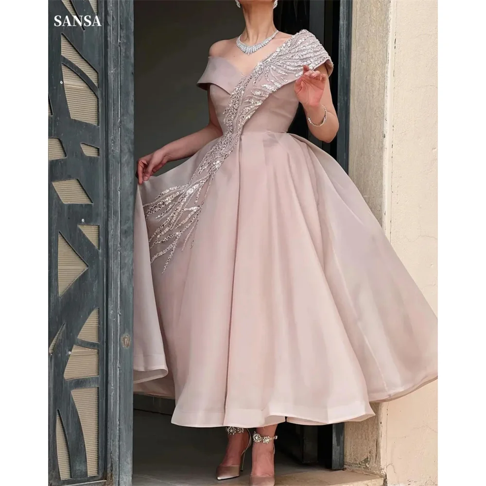 Sansa Elegant Pink Organza فساتين السهرة Beaded V-neck A-line Prom Dress Elegant Sleeveless Ankle-length Vestidos De Noche 2024