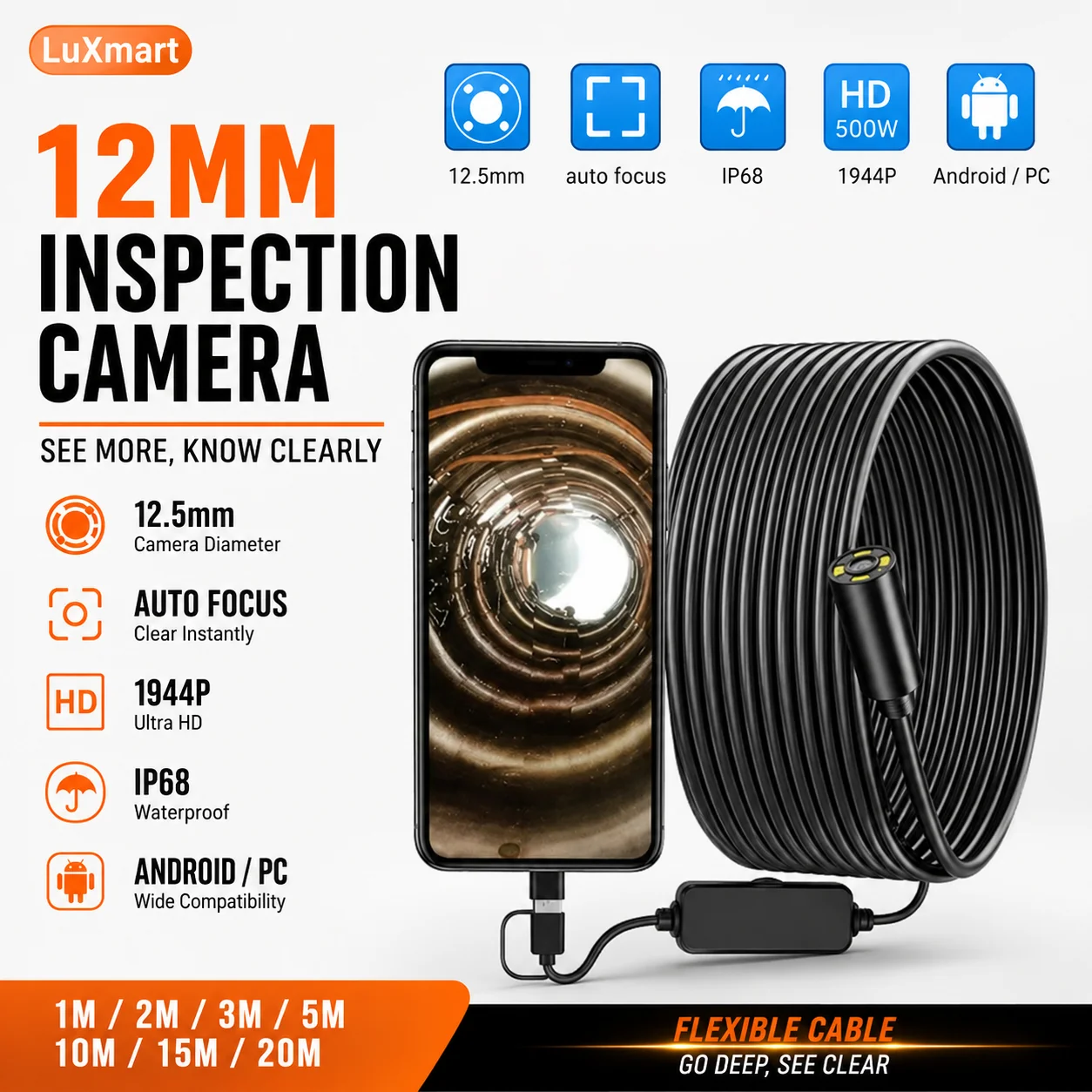 Auto Focus Endoscope 12MM 5MP Cameras Borescope For Car Pipe Inspection 1080p Mini Camera 4 Led Cables For Android And PC