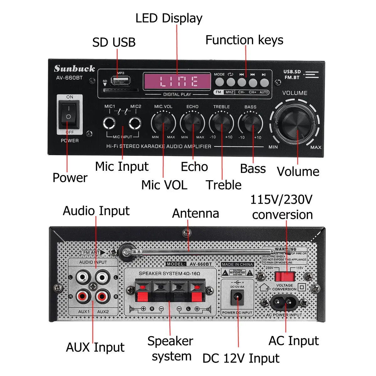 AK35/AV-660BT Audio Power Amplifiers 2 Channel Bluetooth-Compatible HIFI Sound Amplificador 110/220V Home Theater Sound System