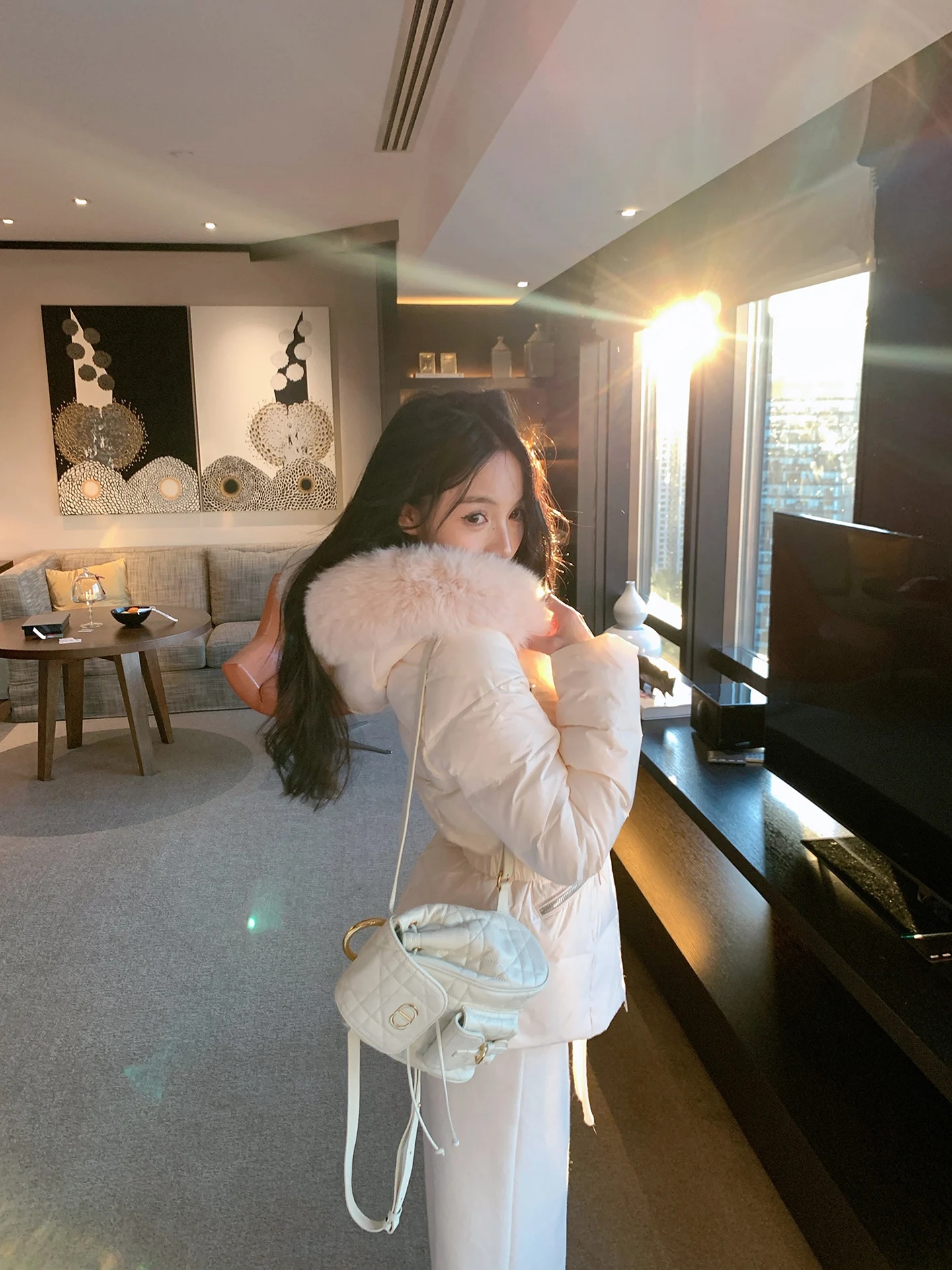 

Pink Fur Collar down Jaet Women's Winter New Waist-Cinching Hooded Coat Sweet Sle Long Sve Zipper Closure Regular ...