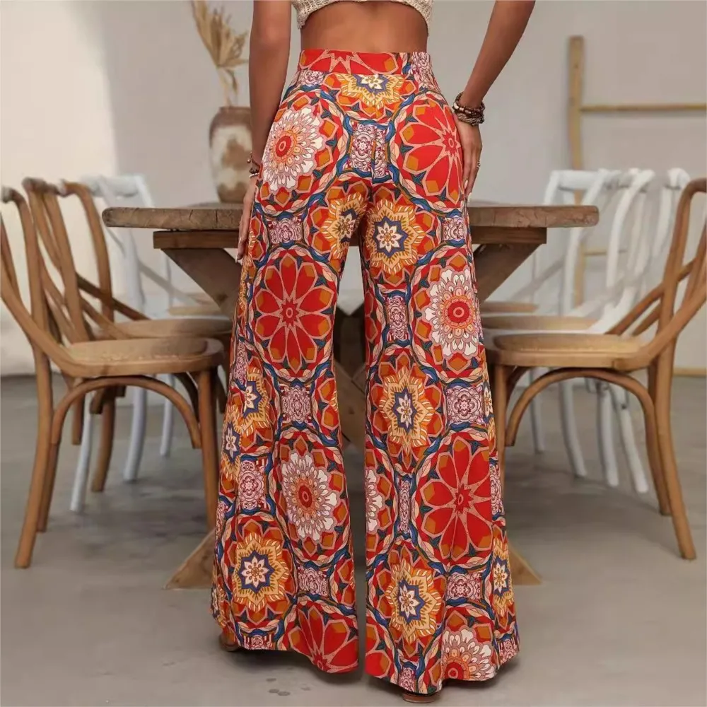 Women's Retro Ethnic Style Printed Pants 2024 Autumn Ladies Elegant Flower High Waist Wide Leg Pants Woman Trouser Женские Брюки