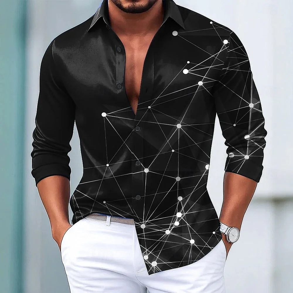 Camisa masculina de manga comprida com estampa geométrica gradiente, lapela de designer elegante com botão para férias de lazer ao ar livre