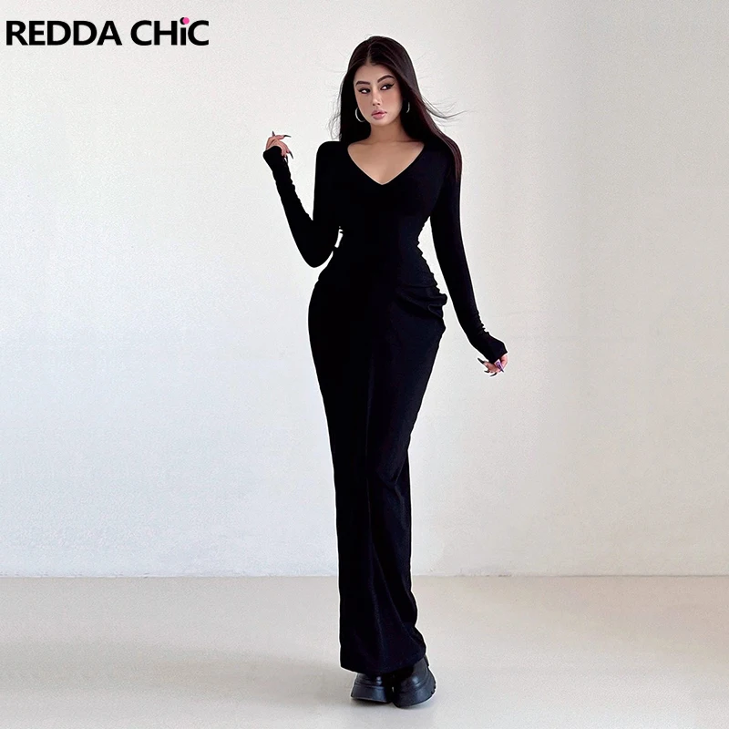 

REDDACHiC вязаное черное женское облегающее платье с v-образным вырезом для мероприятий и вечеринок, тонкое однотонное длинное платье макси с длинными рукавами, сексуальная одежда на выход