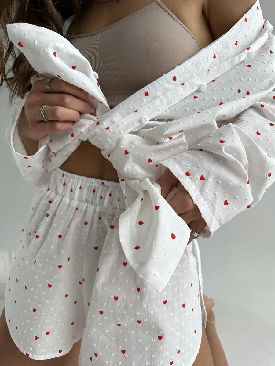 Piyama Celana Pendek Lengan Panjang Motif Cinta Wanita Baru Musim Semi dan Musim Panas 2025 Set Dua Potong