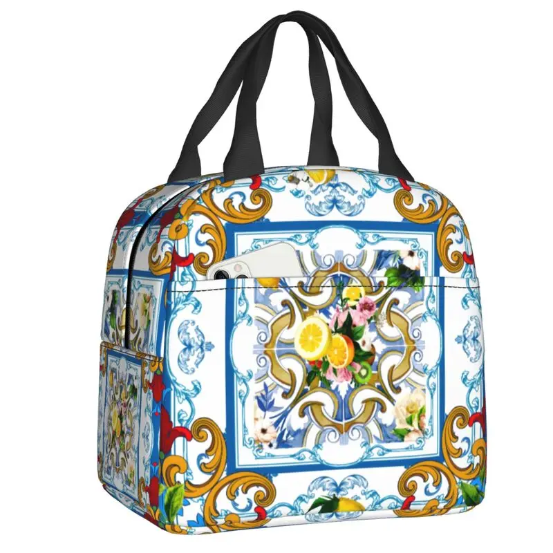 Custom Mediterranean Lemons Citrus Sicilian Tiles Lunch Box Women Thermal Cooler Food Insulated Lunch Bag Kids School Children