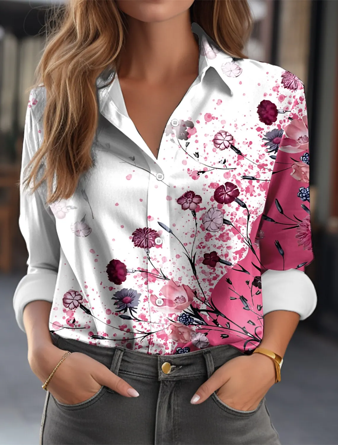 2024 Spring Summer Women\'s Shirt Fashion Office Flare Flower Printed Top Vintage Lapel Long Sleeve Loose Blouse Blusas Mujer