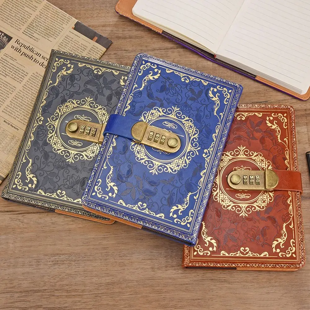 PU Leather A5 Journal Notebook Embossed Design Hard Cover Personal Planner Organizers Ruled Lined Paper Combination Lock