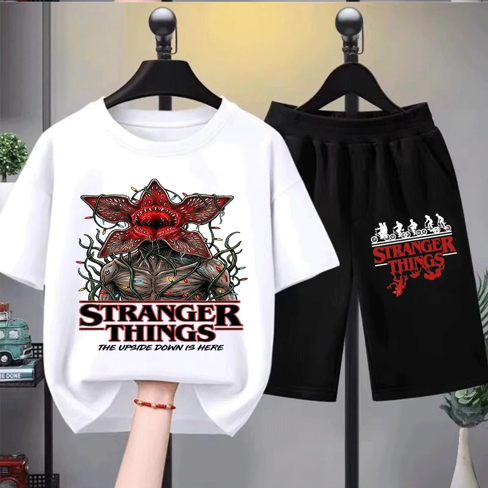 Conjunto de camisetas infantis Stranger Things com design Demogorgon, estampa divertida de luzes de Natal, perfeito para jovens fãs