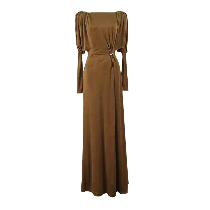 

Solid Patchwork Folds Minimalist Dress For Women Round Neck Long Sleeve High Waist Slimming Elegant Dresses Female
