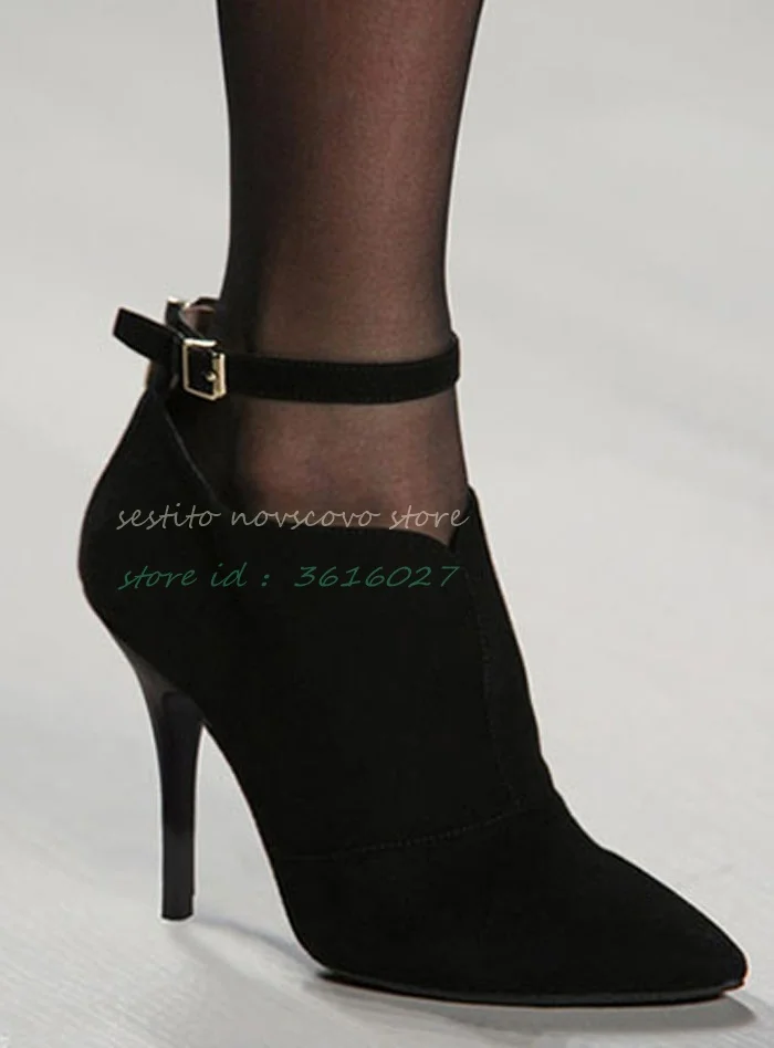 Pointed Toe Black Suede Ankle Boots V Collar Back Zip High Heels Sandals Booties Ankle Strap Buckle Sexy Ladies Dress Daily Shoe