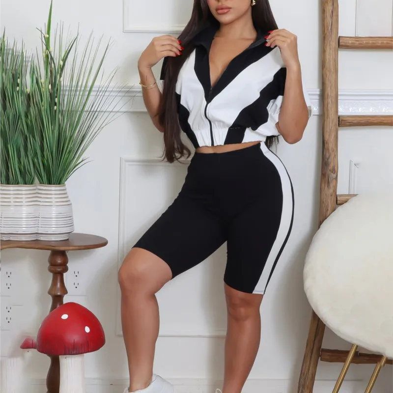 

Fashion Color Block Zipper Crop Sweatshirt & Matching Slim Shorts Set Sporty Women Tracksuits Outfits Fitness Active 2 Piece Set