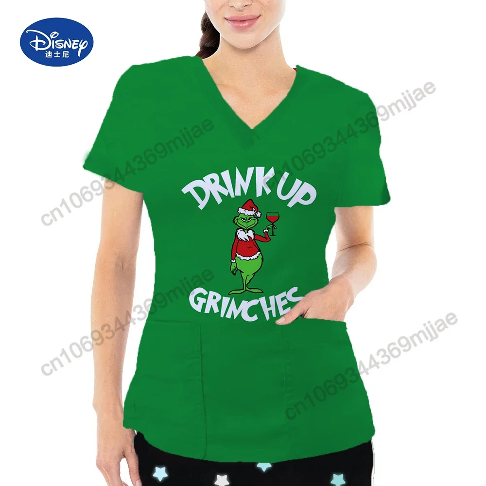 

V-neck Women's Cropped Pocket Women's Long Sleeve Top Disney Female Clothing Nurse T-shirt Woman Clothes Y2k Tops T-shirts 2023