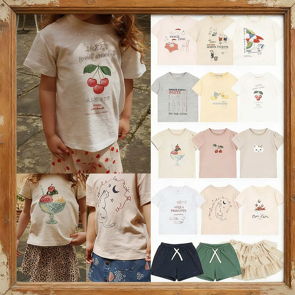 

Новая летняя футболка с милым мультяшным принтом для девочек, топ с короткими рукавами и пайетками, а также летние шорты и сетчатая юбка-полусолнце.