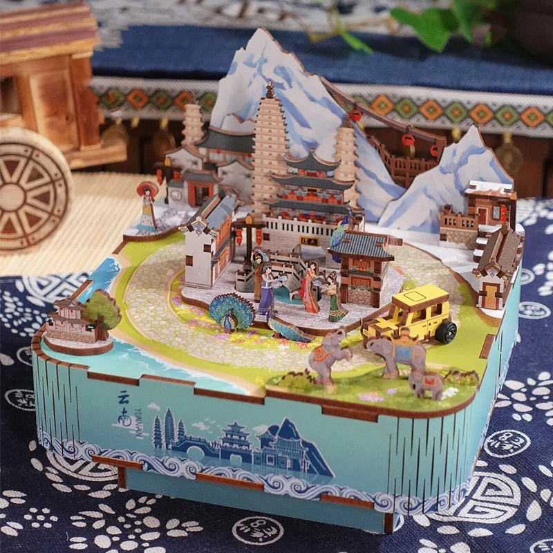 DIY Wooden Model Building Kits Ancient Town City Street View Music Box Can Move with Lights 3D Puzzles for Adults Birthday Gifts