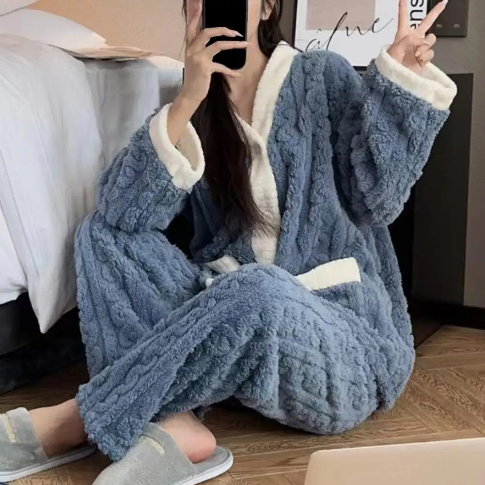 Casa quente terno aconchegante inverno loungewear conjunto para mulheres pijamas térmicos de pelúcia com decote em v manga longa topos calças de