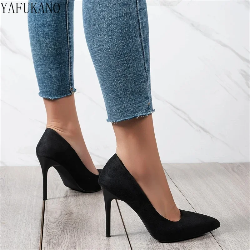 Suede Stiletto Heeled Point Toe Court Pumps Sexy Elegant Career Work Shoes Classic Basic Black High Heels Small Size Women 33