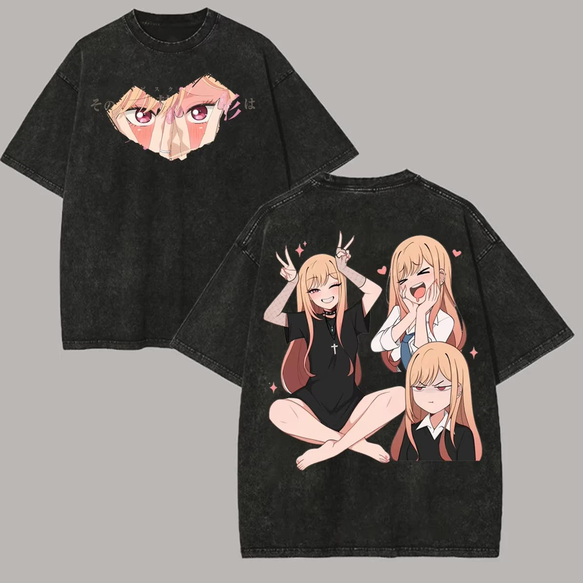 Loose Washed Short Sleeve Cartoon T-shirt Top With Kitagawa Marin Print From Anime My Dress-Up Darling Women And Men T-shirt