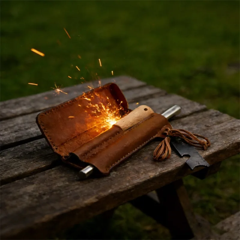 Lederhülle Outdoor-Überlebens-Feuerstarter Multifunktionaler Ferrocerium-Stab Paracord-Schaber Camping-Notfall-Feuerstahl