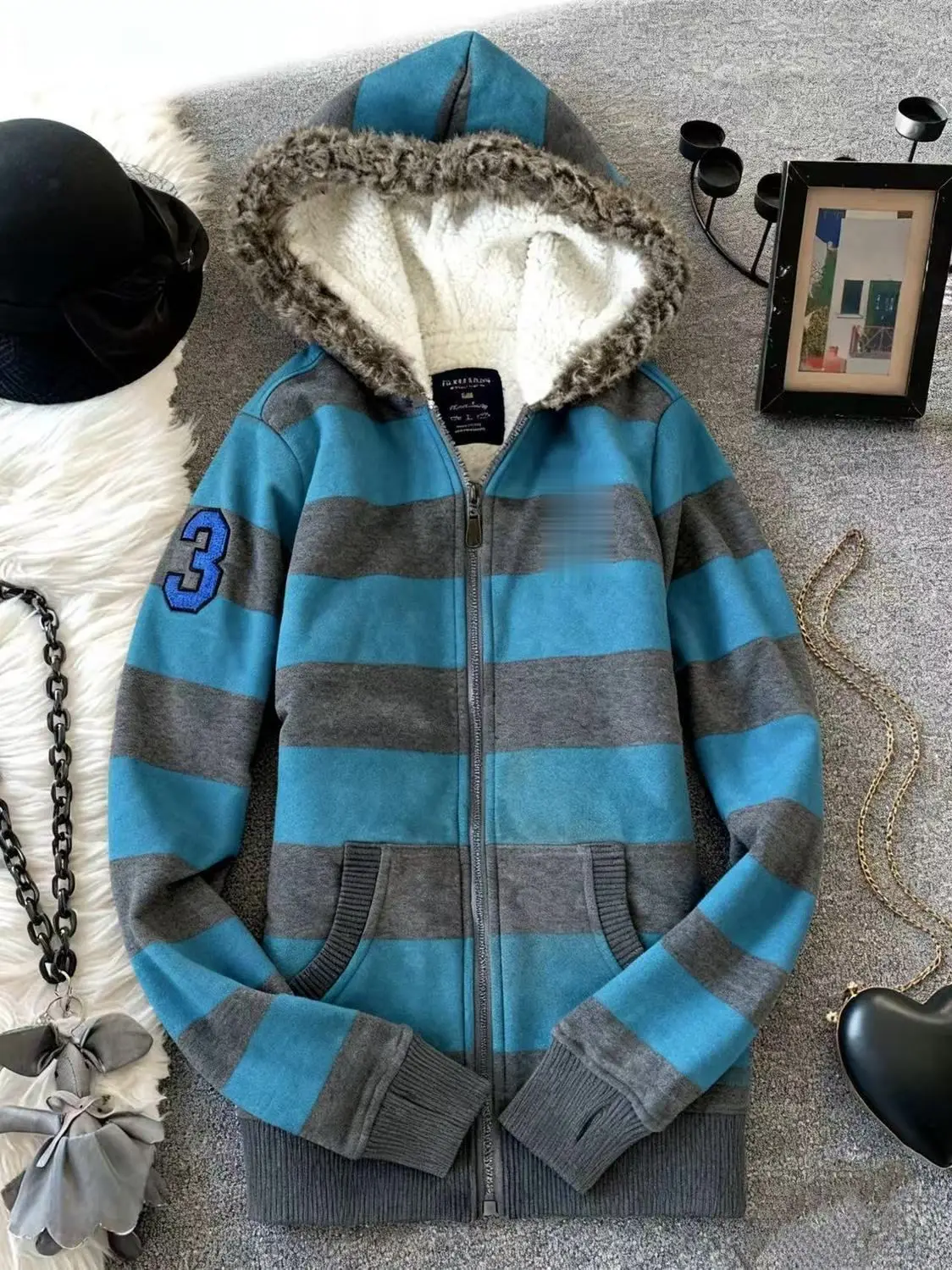 Japanese Stripe Patchwork Furry Hoodie Women Y2k Aesthetic Warm Pocket Grunge Hoodies Harajuku Casual Loose Zipper Sweatshirt