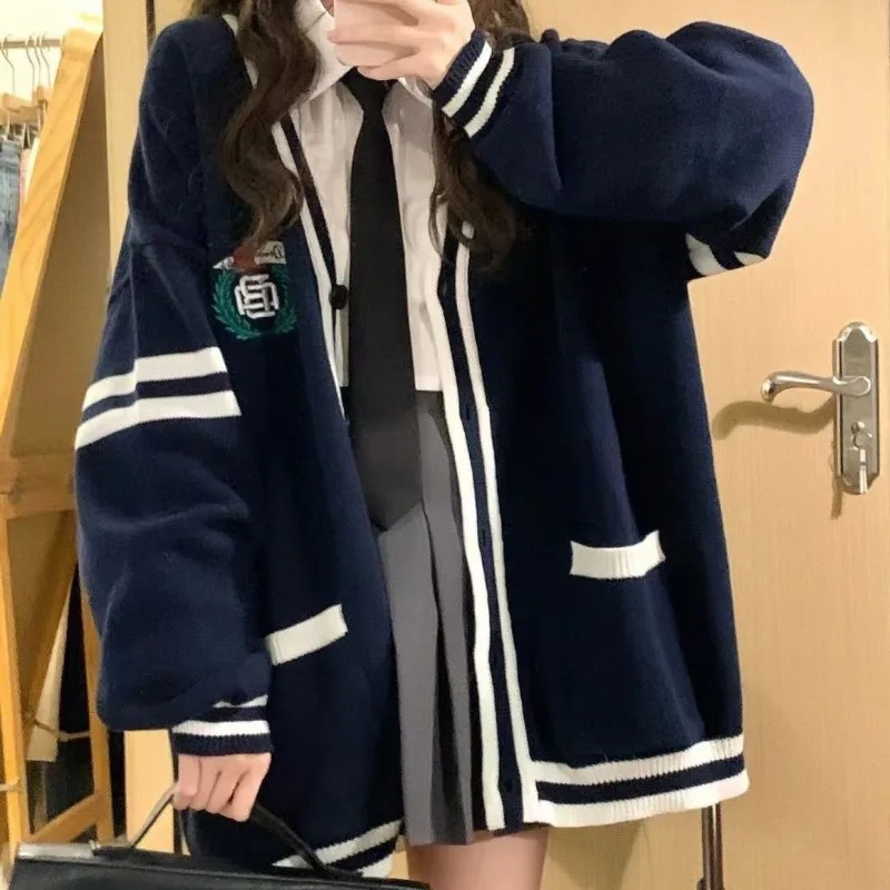 HOUZHOU Vintage Cardigan Women Preppy Oversized Korean Fashion Harajuku Embroidery Autumn Knit Sweater Aesthetic School Clothes