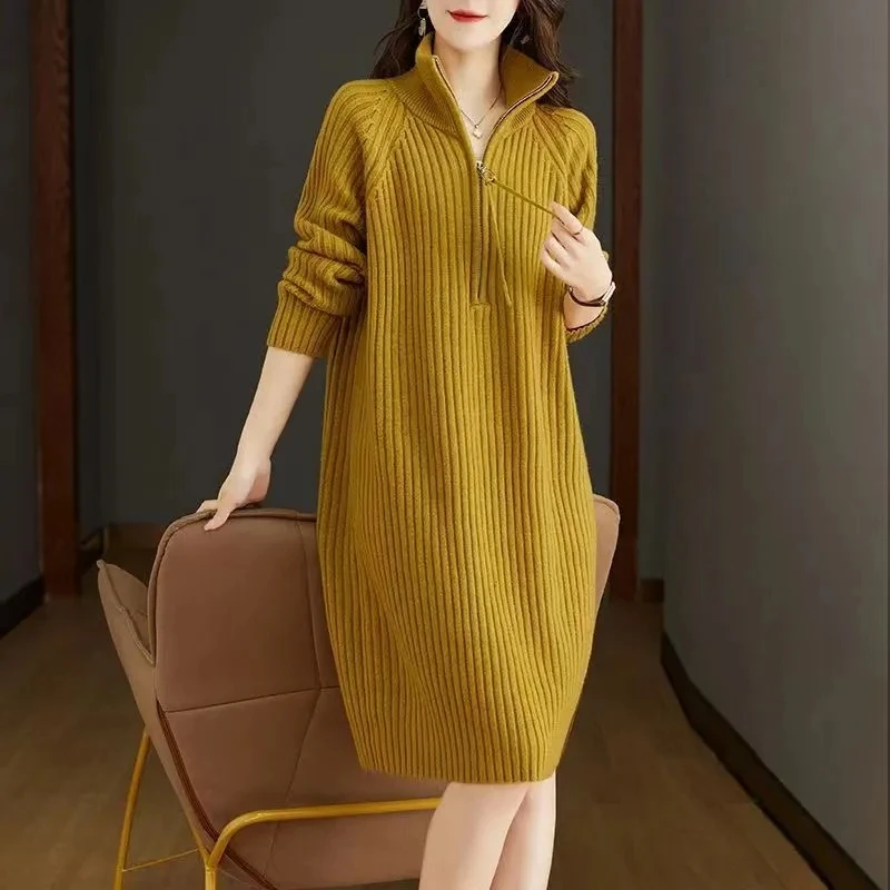 

2023 Autumn/Winter High End Knitted Dress Women's Standing Neck Sweater Versatile Slim Mid Length Loose Outfit Bottom Shirt