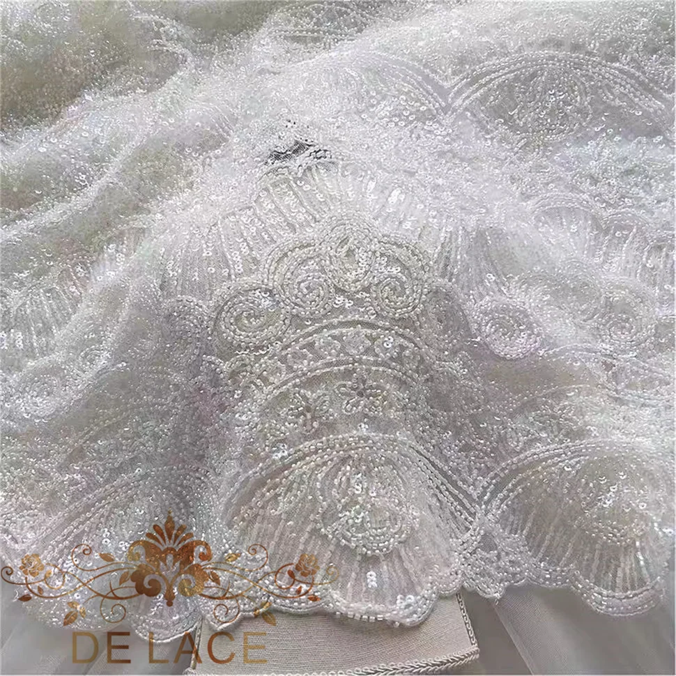 

JZQ Luxury Heavy Industry Handbeaded Lace Sequin Embroidery Wedding Dress Lace Fabric