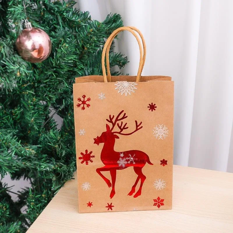 12/24PCS Christmas Kraft Paper Bag Santa Claus Snowflake Small Bell Christmas Packaging Supplies Xmas Packaging Gift Paper Bags