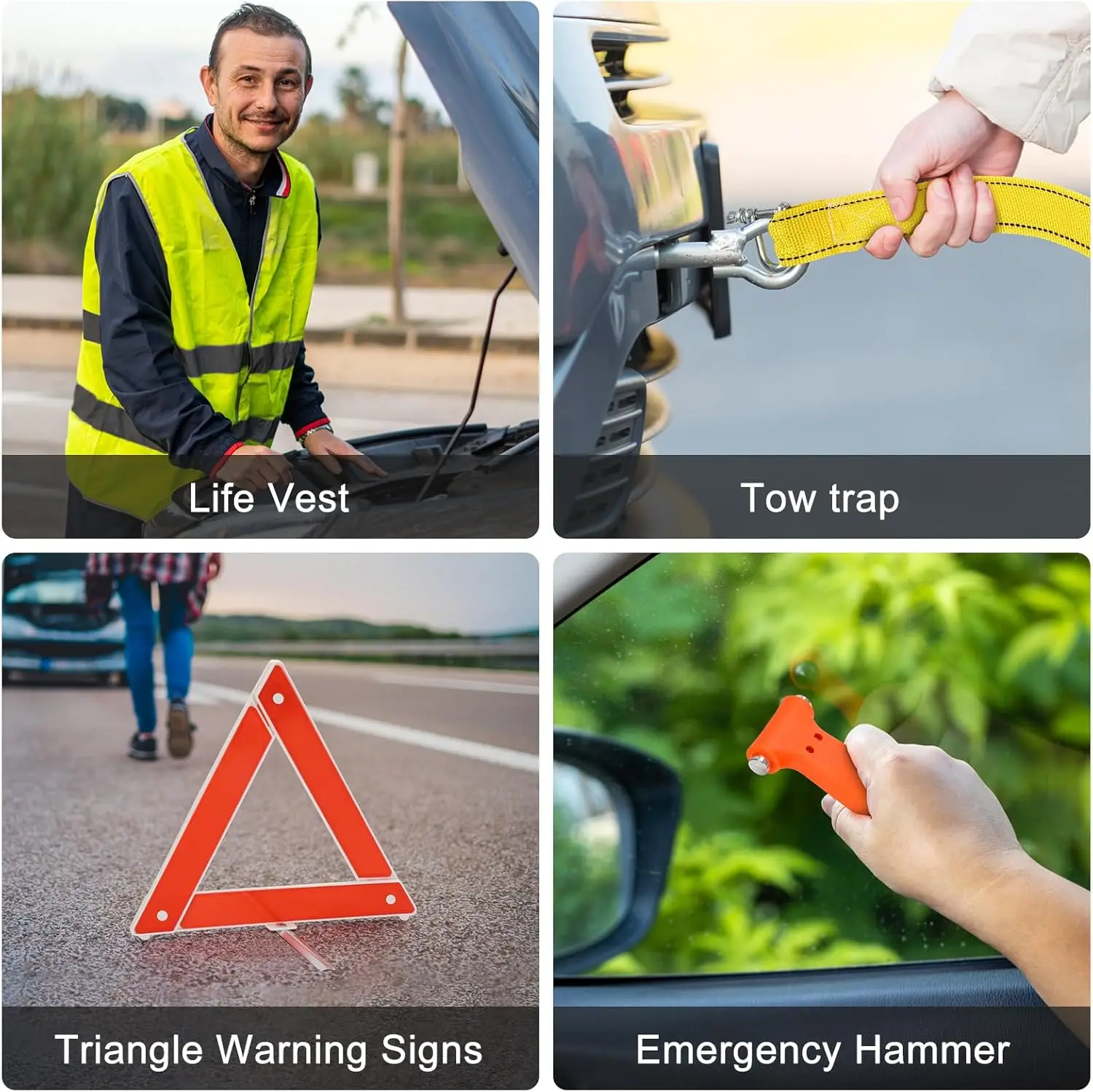 Kit de seguridad para automóvil, kit de emergencia en carretera de 14 piezas con cables de puente, compresor de aire, correa de remolque: equipo esencial para viajes y acampada