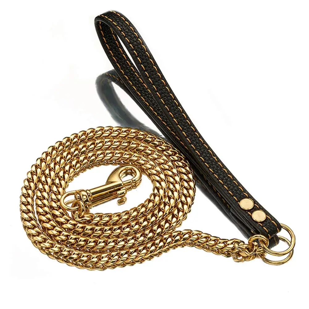 Strong Stainless Steel 10mm Wide Gold Dongle Traction Rope Dog Chain Is Used To Train Pets