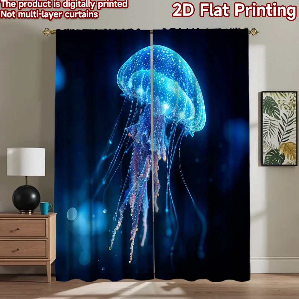 2D flat printing 2pcs Party Window Curtains Blue Glowing Jellyfish Ocean Digital Printed Polyester Drapes Festive Curtains Use