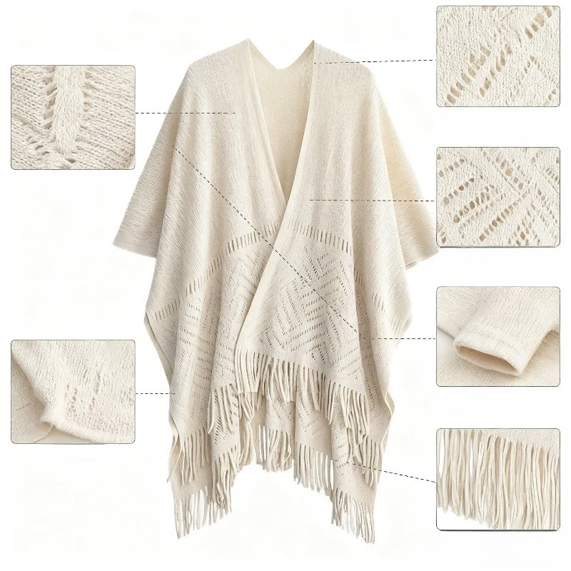 

Vintage Knitted Tassel Poncho Elegant Hollow - Out Open Front Shawl Cape for Autumn & Winter Warmth & Stylish Outfits