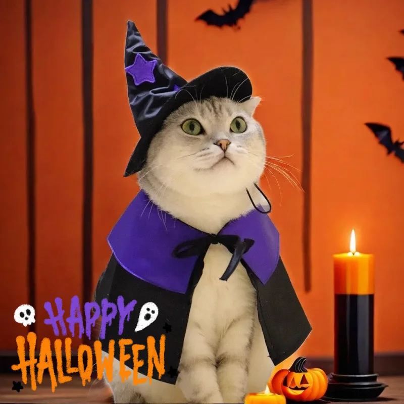 Disfraz de mago para mascotas de Halloween: sombrero de bruja y capa mágica para perros y gatos, traje de cosplay fotogénico con correas ajustables