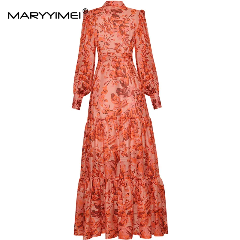 MARYYIMEI New Fashion Designer Summer Dress Women\'s Lantern Sleeve Single-breasted Lace up Floral print Party Midi Dress