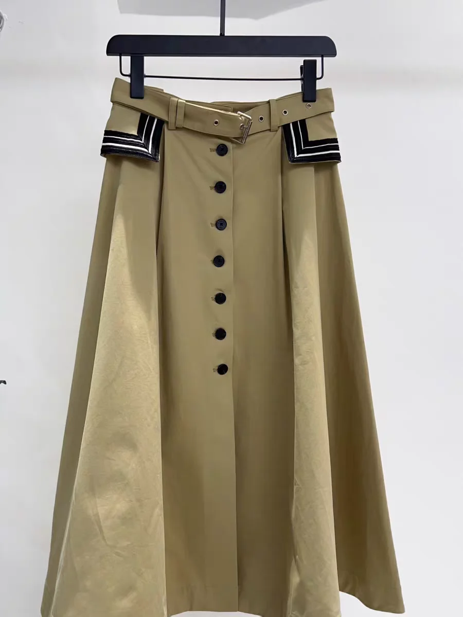 Classic High-Waisted Cotton Halter Skirt with Single Button Mid-Length Belted Kaki Color A-Line Skirt for Women Summer 2026