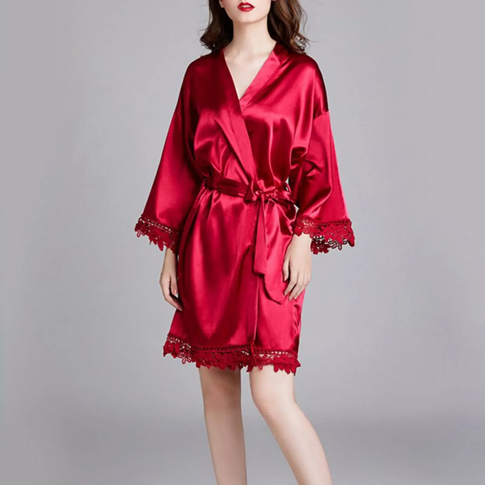 Dressing Gown Women'S Silk Robe Lace Kimono Bridal Silk Robe Bridesmaids Wedding Pajamas Bathrobe Pajamas For Summer Casual