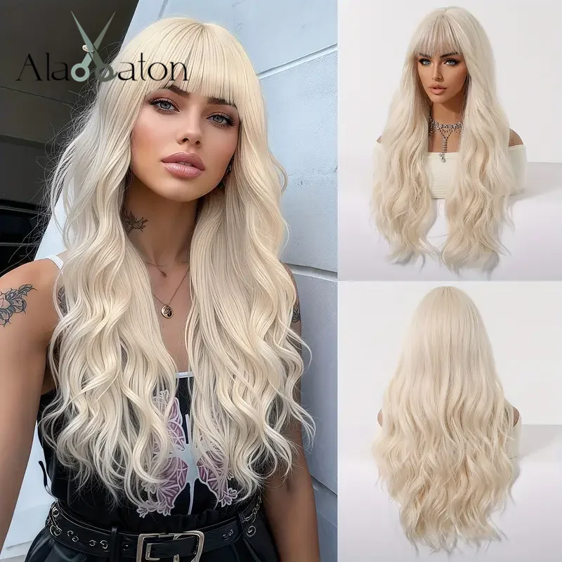 ALAN EATON Light Blonde Synthetic Wigs for Women Long Wavy Wig with Bangs High Temperature Fiber Natural Looking Daily Party Use