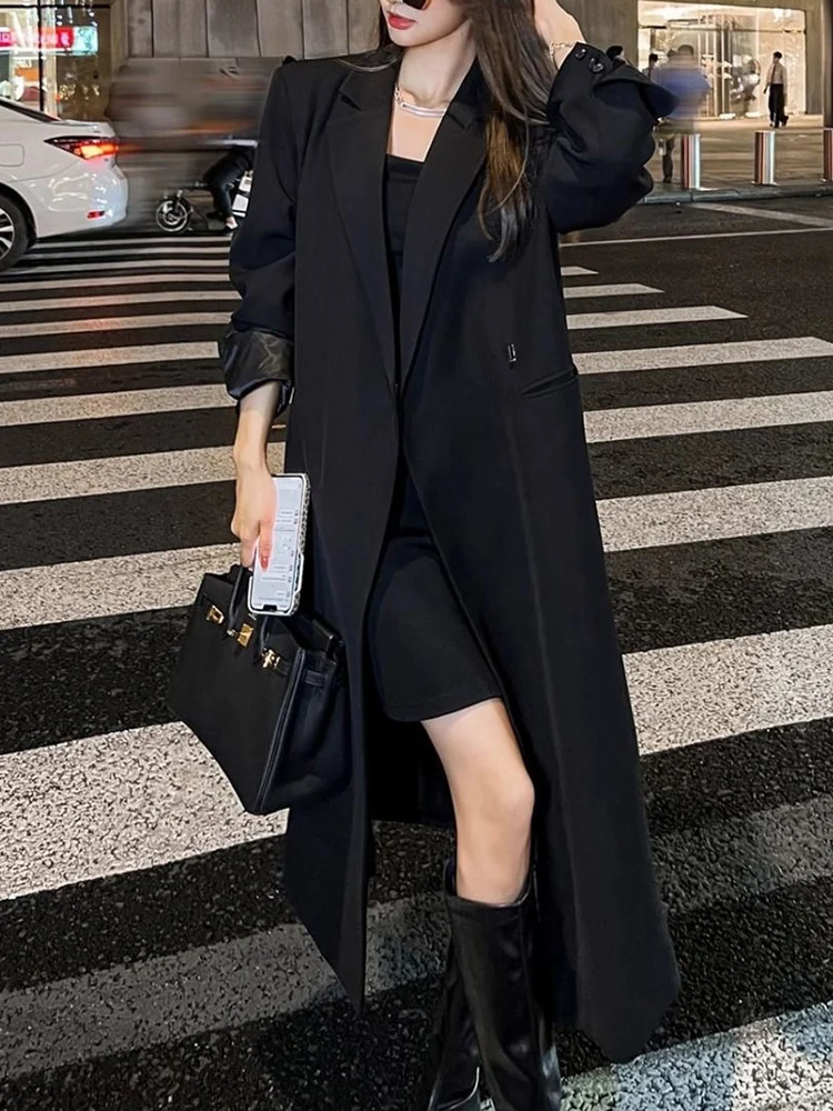 LANMREM Office Lady Long Blazer Women Notched Collar Solid Color Loose Fit Coat Fashion 2024 Female Autumn New Clothing 2VV137