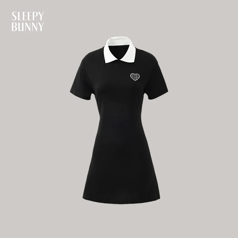 Black High Waist Polo Dress Women Preppy Style Contrast Collar Heart Print Short Sleeve Dress Summer Casual Slim Fit Midi Dress