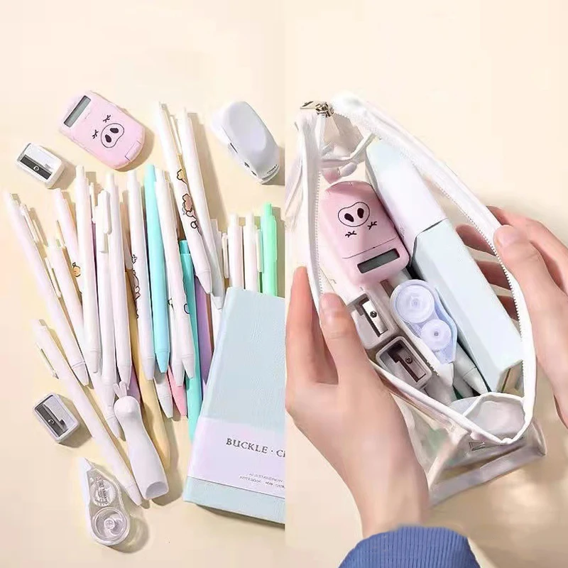 Estética grande capacidade impermeável lápis caso, Kawaii Pen Bag, armazenamento de cosméticos transparente, material escolar